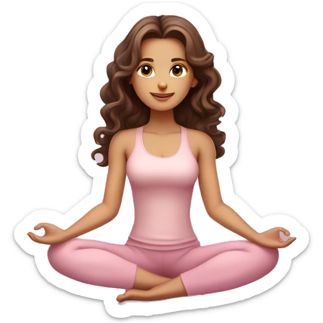 Brunette long curled hair and brown eyes yoga beautiful girl in light pink clothes sitting on a yoga mat sticker