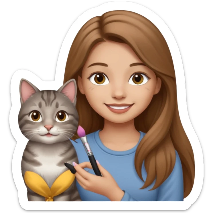A image of a girl with light long brown hair doing her makeup with her grey tabby cat. She is smiling sticker