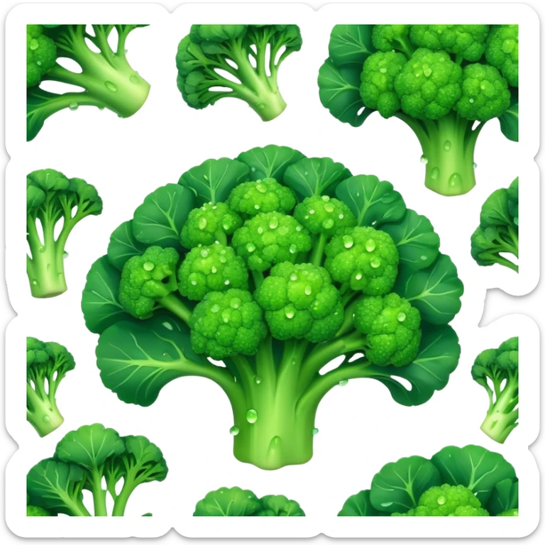 Cinematic lush green broccoli, detailed florets glistening with dewdrops, ultra-fresh and vibrant, soft glowing background, healthy and delicious. sticker