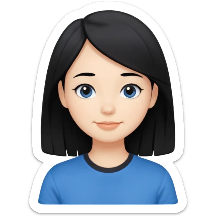 Cute cartoon-style girl portrait, black hair, blue t-shirt, big black eyes, closed mouth,clean bold lines, flat colors, minimal shading sticker