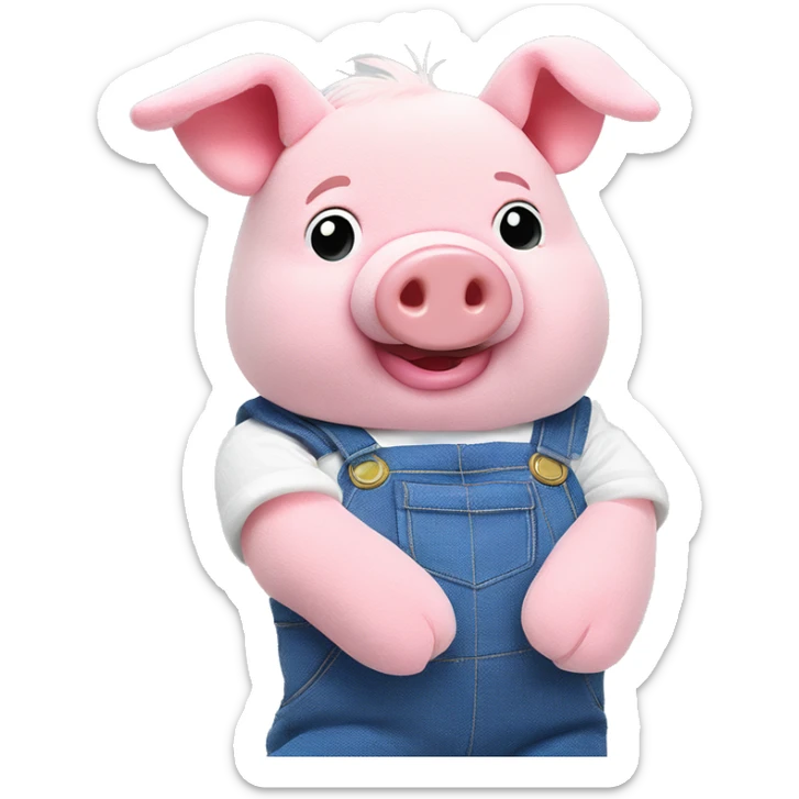Soft toy pink pig, in blue overalls and white sleeves shirt, soft plush sticker