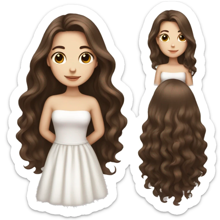 A beautiful girl with white skin touches her long brown hair sticker