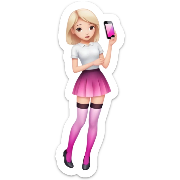 Cute girl character in stockings adjusting fashion accessory, pink gradient, glass effect, minimalist design sticker