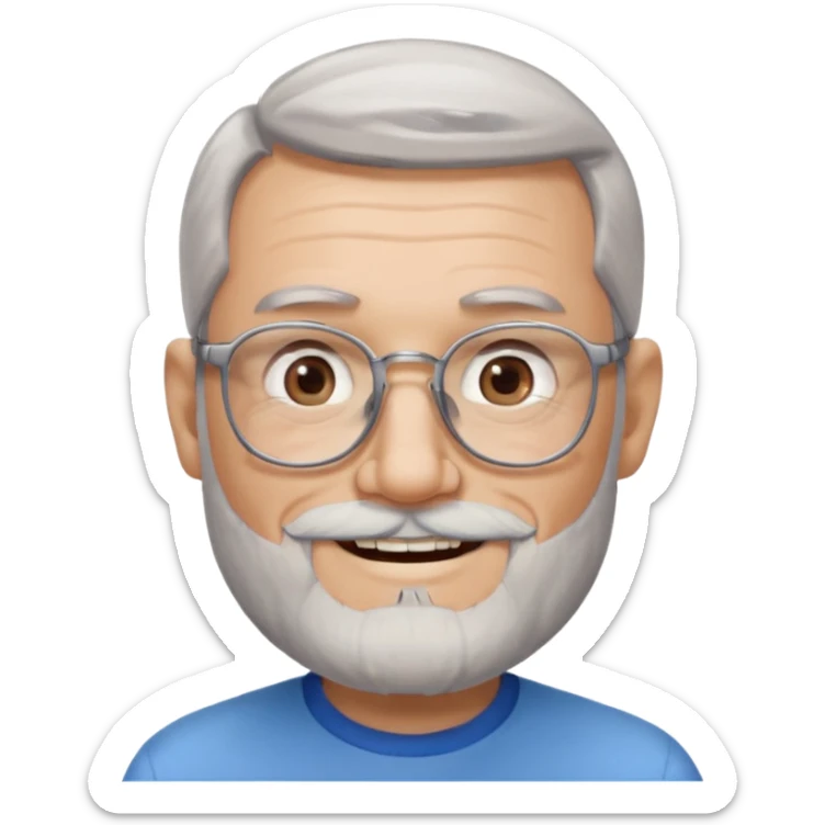 Create me an emoji of an old man. Gray really short size hair. Gray follow-up full beard. Squarer Glasses. Blue eyes. Little smile sticker