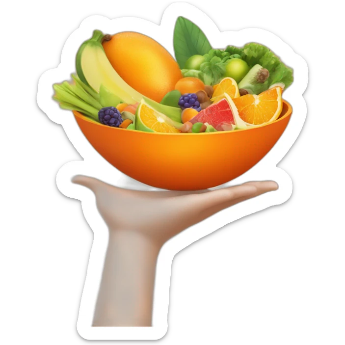 Create an image of a vibrant orange salad bowl filled with exotic fruits and vegetables, topped with a sparkling diamond. Include a hand elegantly holding the bowl from the side. sticker