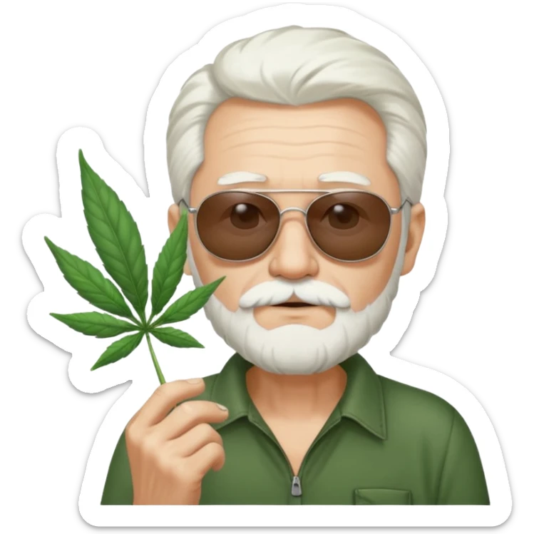 An old skinny guy in his 50's with white hair and stumbly small white beard, he wears a pair of sunglassed and holds a Big marihuana leaf  sticker