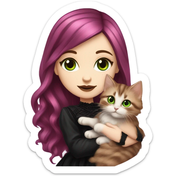 Pretty portrait of White girl. The Girl has Long Magenta Hair. Soft gothic make up and gothic dress. Holding her Cat. The cat is soft Brown Tabby british longhair kitten with Green Eyes. sticker