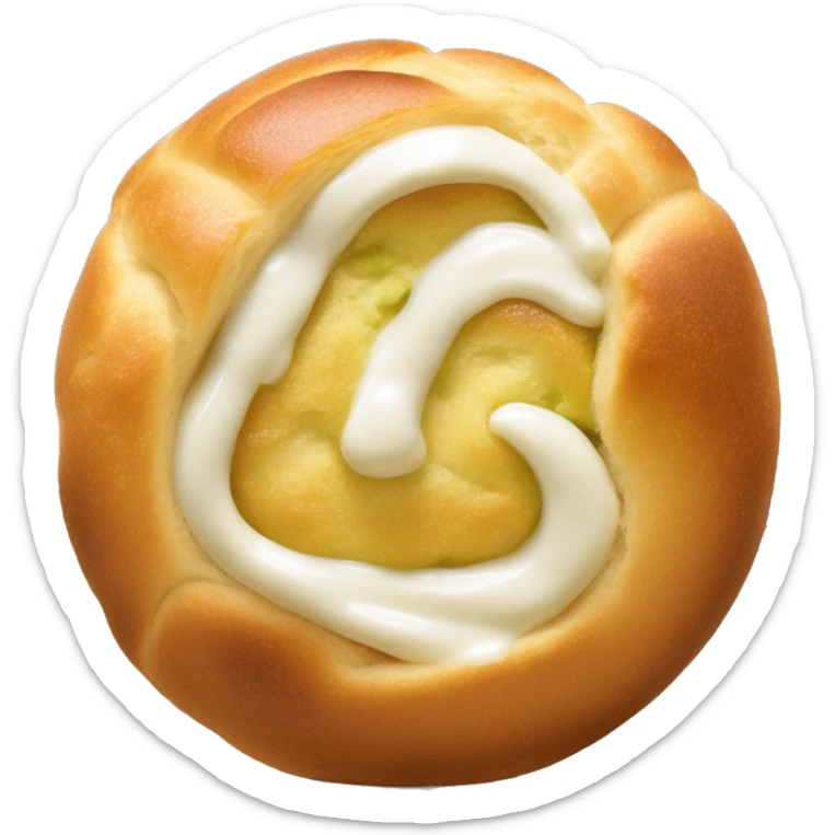 Petite boule de brioche ronde coupée en deux au milieux verticalement avec crème fouettée blanche au centre recouvert d’éclat de pistache  sticker