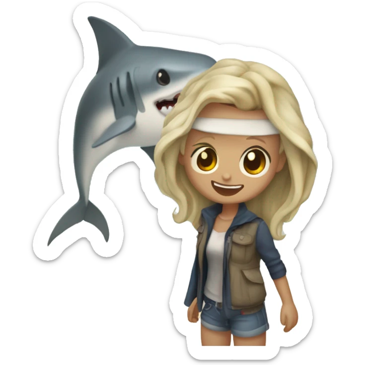 Persona encima de un tiburón en la playa i al lado de una chica sticker