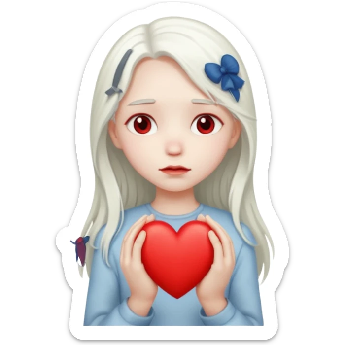 A girl with long white hair is sad and holds a red heart in her hands sticker