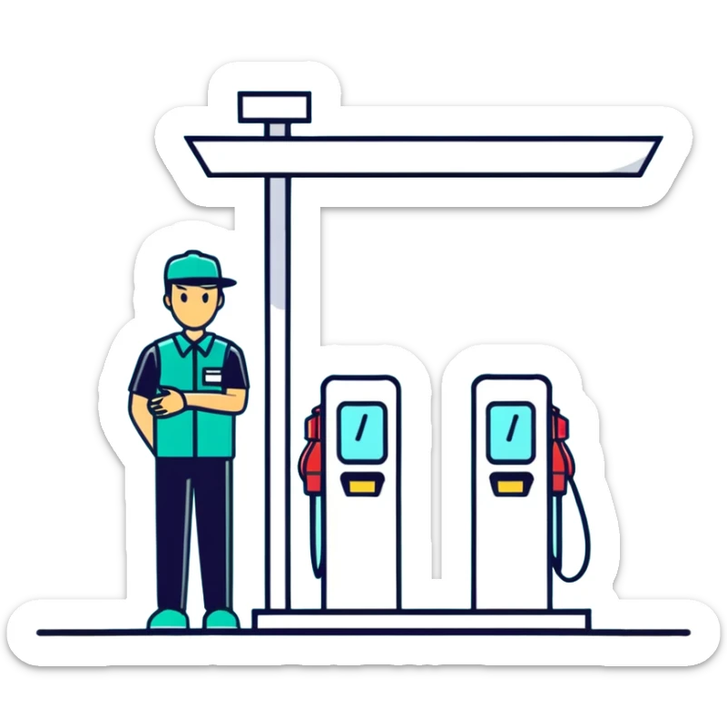 Male gas station attendant standing next to fuel dispenser, minimalist design with soft gradients in sky blue, teal green, white, and light gray sticker