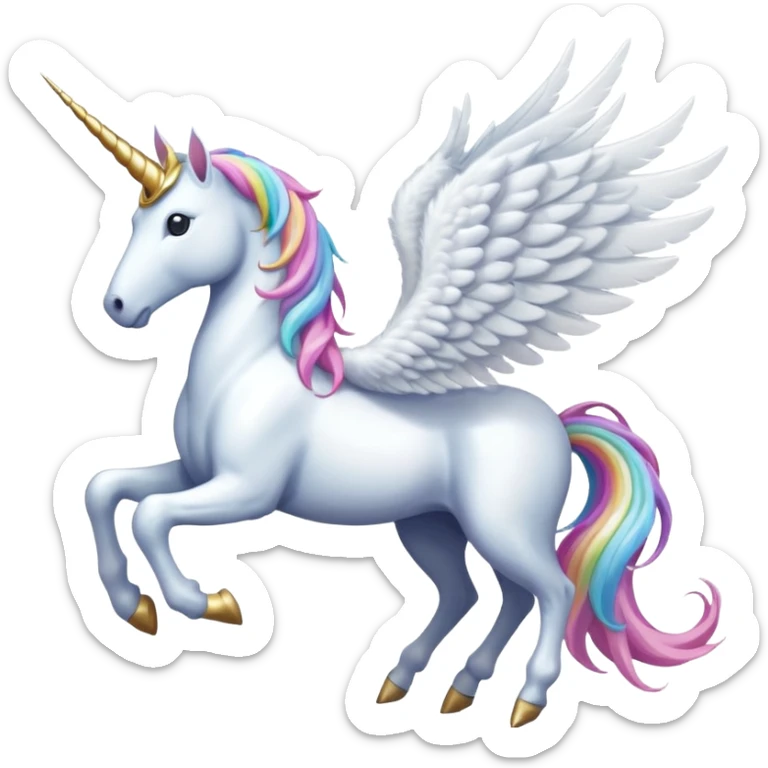 Cinematic Noble Unicorn with wings, slender with a flowing mane and tail and spiraled horn sticker