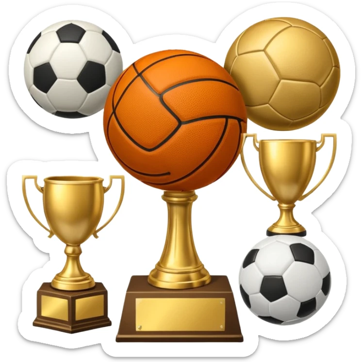 a basketball, soccer ball, volleyball, and a football all mixed with a trophy sticker