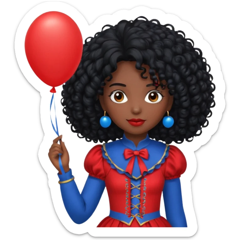 woman with curly black hair and dark face red costume, holding blue balloon sticker