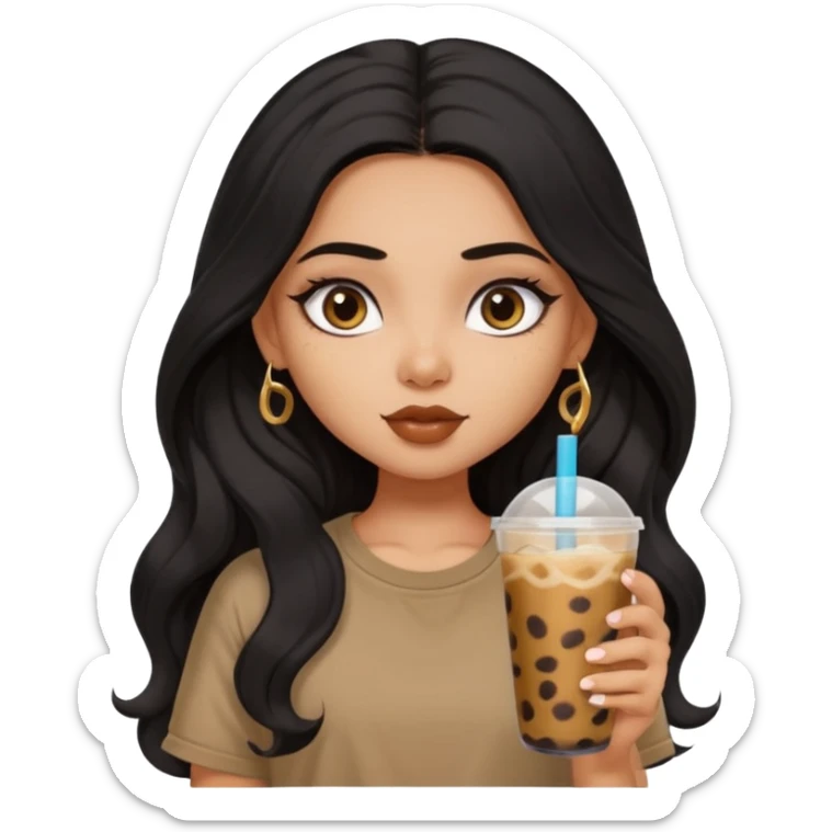 a pretty FAIR indian bratz girl with wavy long black hair, wearing an oversized brown tshirt, drinking boba, eyeliner on sticker