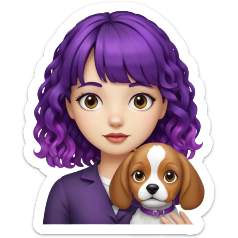 Girl with curly hair with purple roots and black ends and blunt bangs holding a beagle sticker