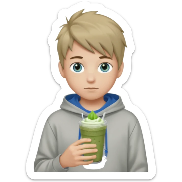 Boy who holds iced matcha has blue eyes and dark blonde hair. Wears grey streetwear hoodir sticker