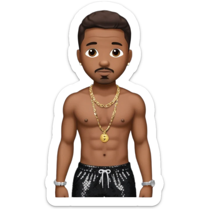 Stevie J, Record Producer with dark brown hair, black sequin baggy pants, shirtless with necklace sticker