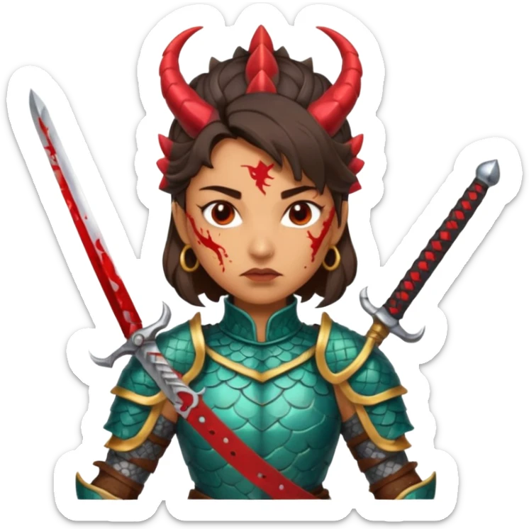 Fierce Latina in armor with a sword after a battle cutting off the head of a dragon sticker