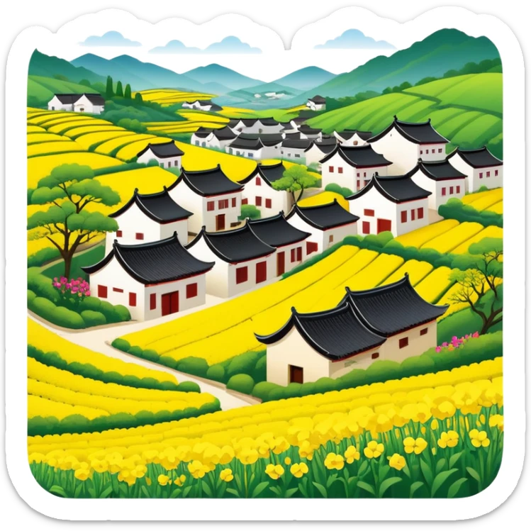 Wuyuan countryside spring flowers and traditional houses Jiangxi, simplified emoji style with bold outlines and bright colors, cartoon style rural village with yellow rapeseed flowers sticker