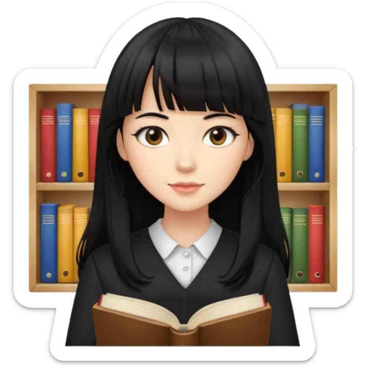 lecture girl with straight bangs fringe long black color hair with lots of books sticker