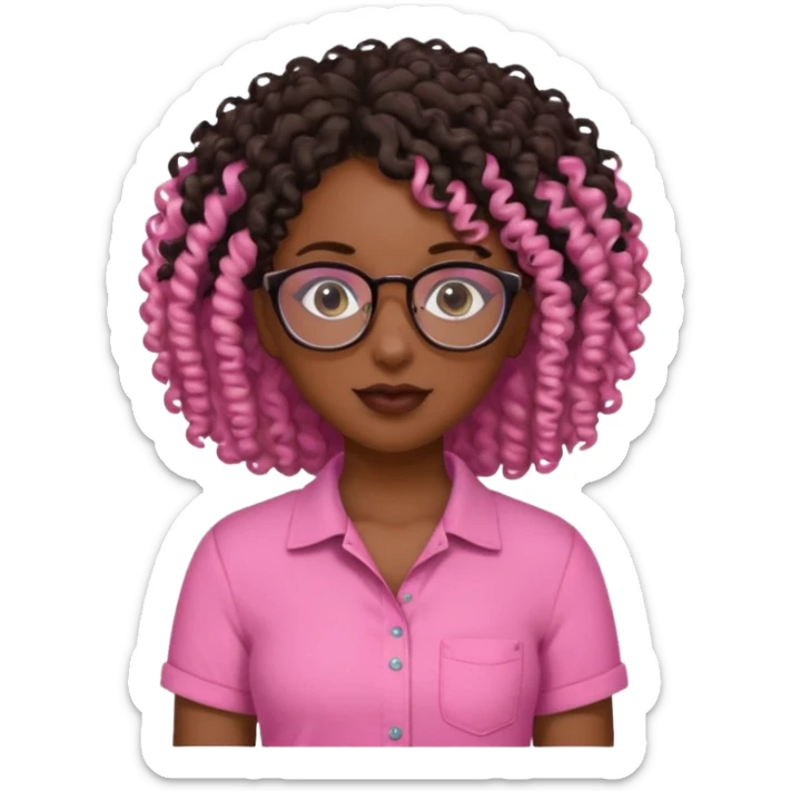 Black girl with curly hair with glasses wearing a pink shirt that’s cut on the side  sticker