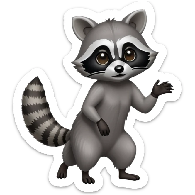 Cinematic-Raccoon-Realistic-Full-Body-Standingon all fours-Emoji – Tail flicking lazily, head tilted dramatically, thick grey fur with a signature black mask, sharp and alert ears, simplified yet realistic focused features, highly detailed, glowing with an almost sarcastic glow. sticker