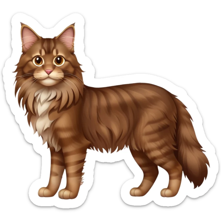 cinematic-brown-maine-coon-cat-full-body-on all fours-emoji,-head-tilted-playfully-and-inquisitively,-sleek--brown-fur,-simplified-yet-adorable-features,-highly-detailed,-glowing-with-a-warm,-friendly-glow -simplified-yet-realistic sticker