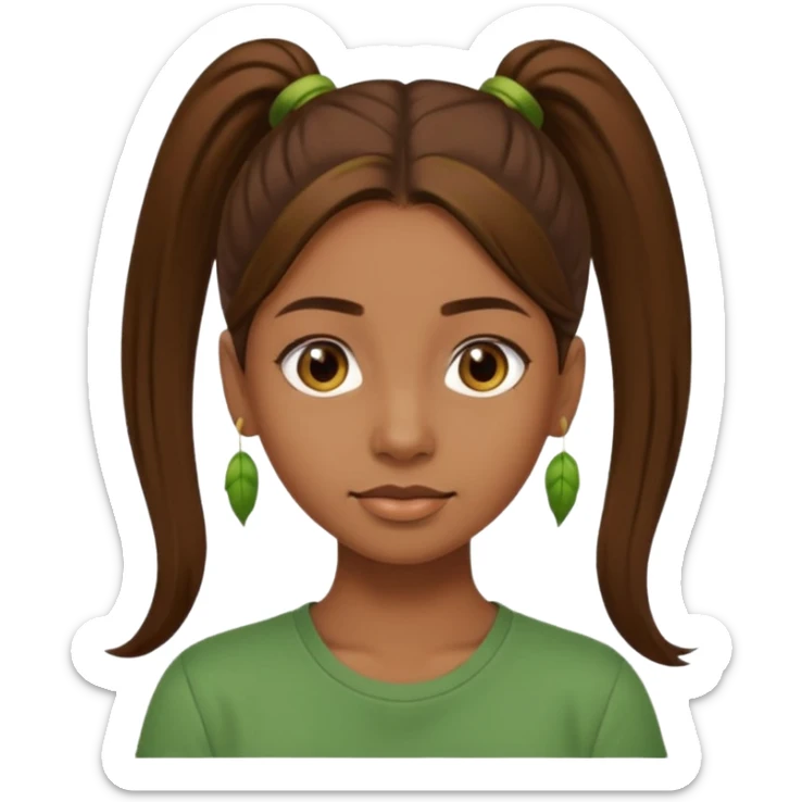 Make a zumba coach emoji, brown eyes, brown hair girl, green shirt withe "the roots" on it, longer pony tail hair sticker