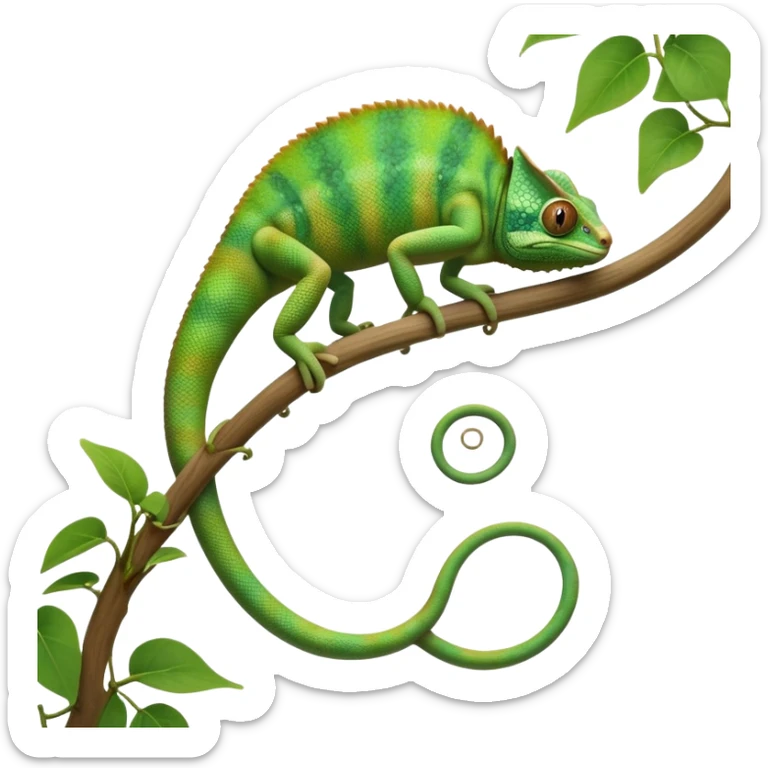 cinematic-chameleon-realistic-full-body-climbing-emoji,-slender-body-gripping-a-twisting-vine-with-prehensile-feet,-scaly-green-skin-shifting-shades-with-its-environment,-large-bulging-eyes-rotating-independently,-delicate-coiled-tail-curling-behind,-long-tongue-slightly-protruding-as-if-ready-to-strike,-simplified-yet-realistic-focused-features,-highly-detailed,-glowing-with-an-ethereal-forest-light sticker