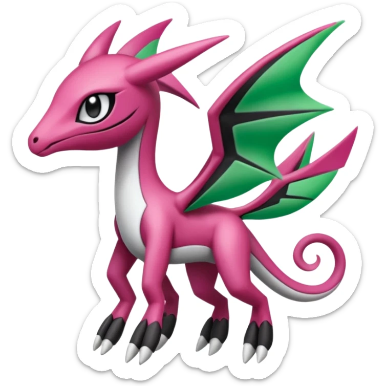 Magenta, black and white Meloetta-Flygon-Gorebyss-Salazzle-Pokémon-Fakémon-creature-fusion-hybrid sticker