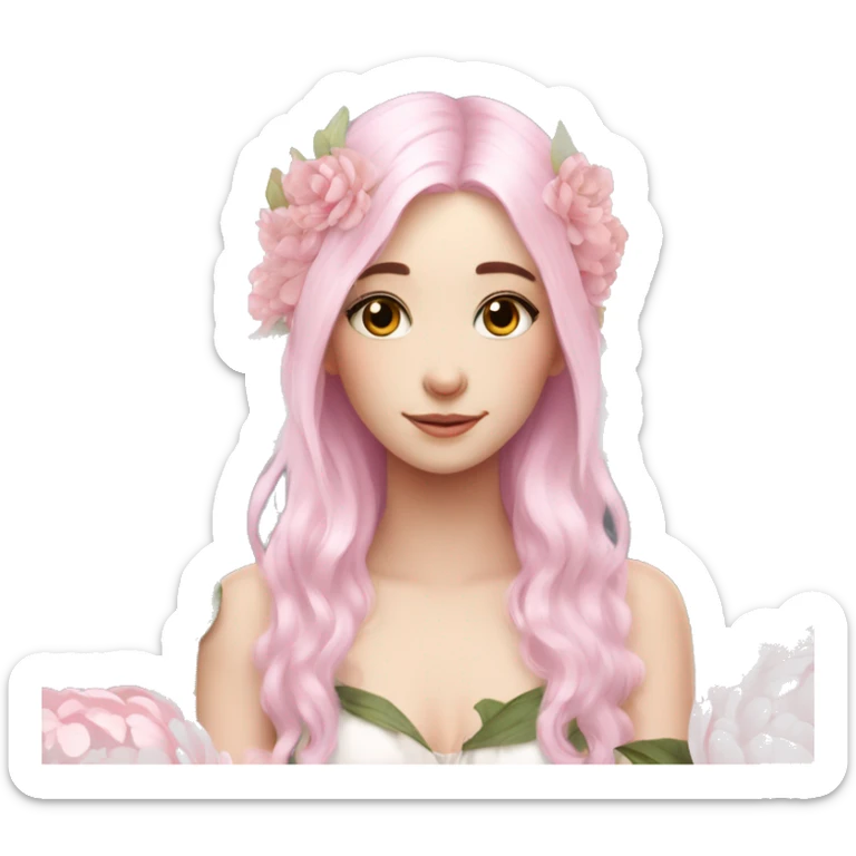 Beautiful, peony, fairy, white long, light pink hair, big wings, fair skin sticker