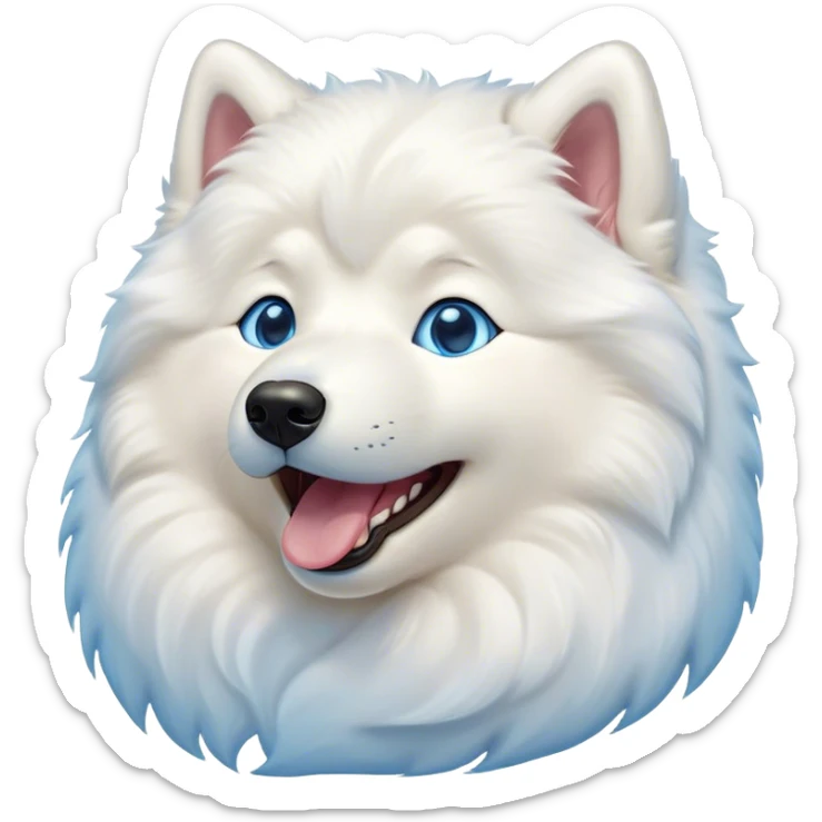 Cinematic Cute Yawning Samoyed Portrait Emoji, Head tilted slightly with a dramatic, wide-open yawn, showcasing a soft, fluffy white Fur with a gentle shimmer, floppy ears slightly drooping, round blue eyes barely open in drowsy contentment, Simplified yet irresistibly adorable features, highly detailed, glowing with a soft, cozy glow, high shine, relaxed yet expressive, stylized with a touch of whimsy, bright and endearing, soft glowing outline, capturing the essence of a sleepy yet affectionate companion, so drowsy it feels like it could stretch right out of the screen and curl up for a nap! sticker