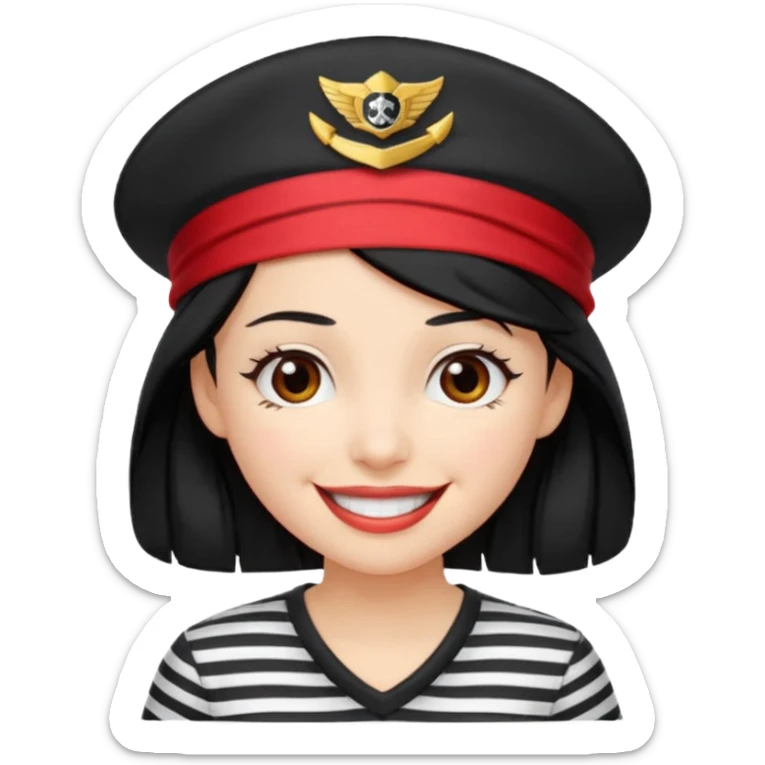 marinera de pelo negro piel blanca con camisa a rayas blanco y negro y pañuelo rojo y gorra de capitana y sonrisa alegre sticker