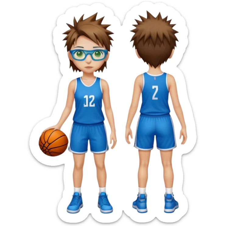 Full Body Girl with basketball short spikey brown hair with blond highlights wearing blue glasses with green eyes sticker