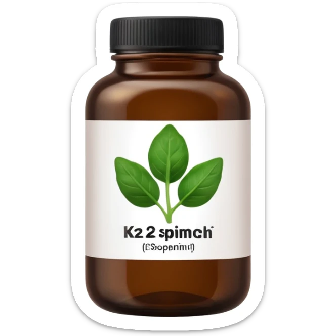 brown glass bottle of supplements with white label, black thin title K2 and small spinach emoji sticker