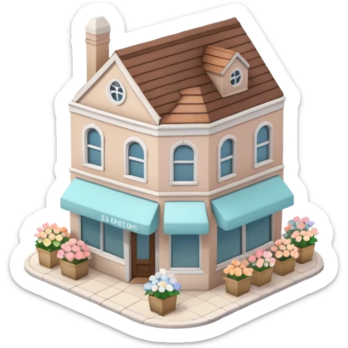 3D isometric exterior little beige and white corner flower shop with abundant pastel florals everywhere sticker