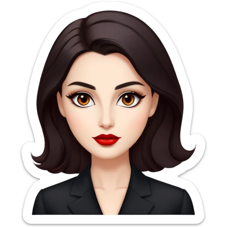 Elegant actress with luminous skin, elongated face, dark almond eyes with tasteful eyeliner, thick eyebrows, straight nose, red lips, voluminous dark hair with gentle waves, black professional attire, dignified confident pose sticker