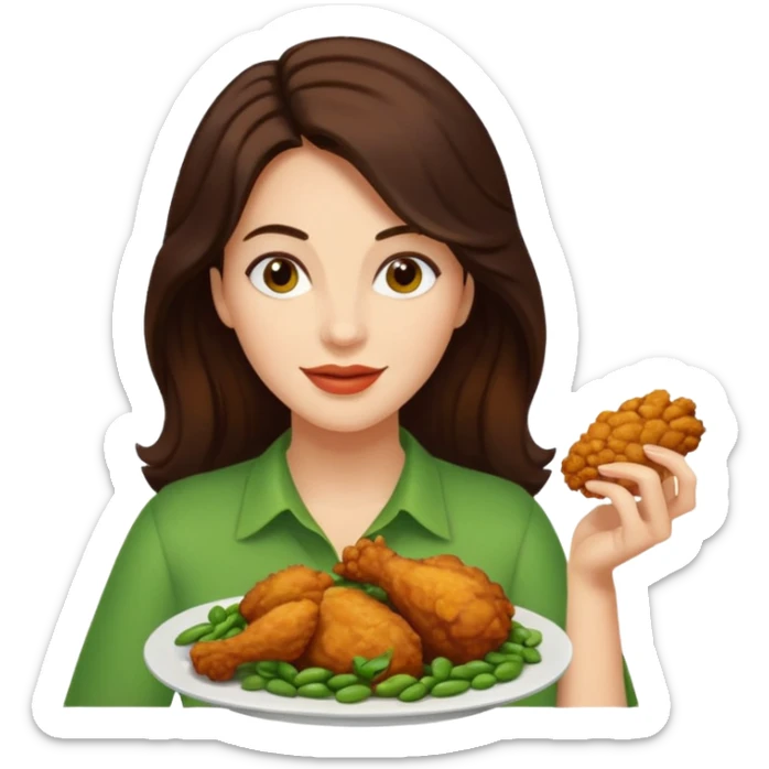 Mujer de pelo cafe oscuro y largo, y tez blanca disfrutando de un pollo frito con frijoles sticker