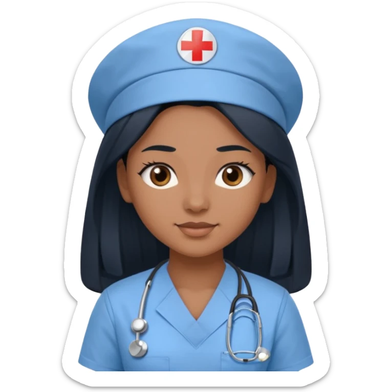 pretty brown skin nurse with long black hair and slanted brown eyes in light blue scrubs sticker