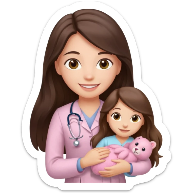 happy long haired brunette girl hazel eyes in light pink at the doctor's sticker