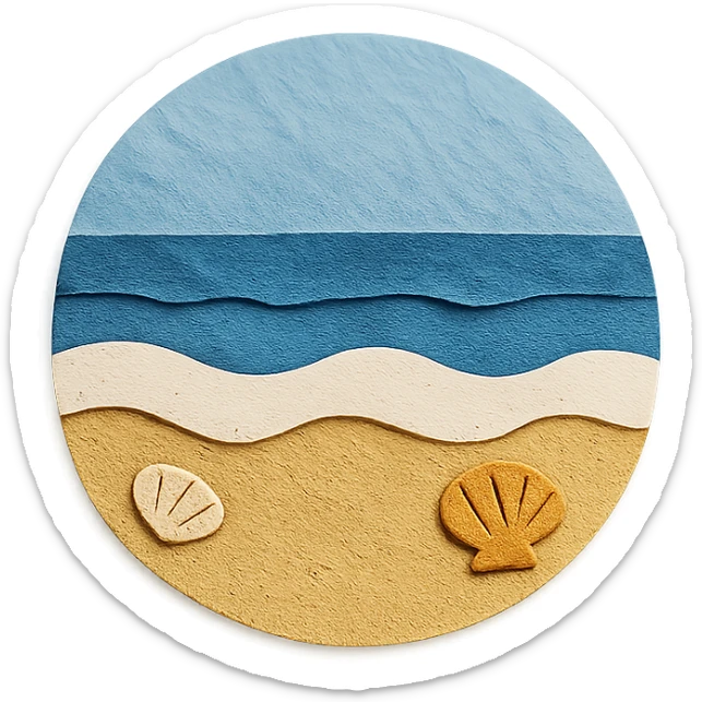 view of the ocean from the beach with sand, shells, and gentle waves, blue and white sticker
