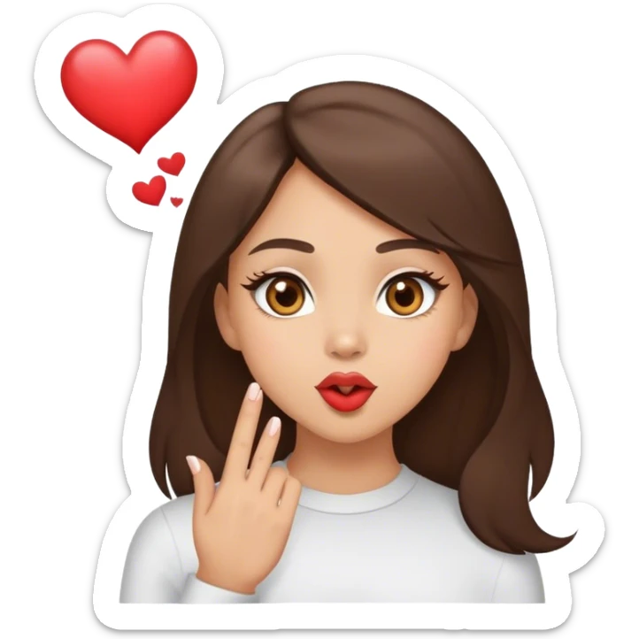 Light skin brunette with light brown eyes blowing a kiss and little heart on the air sticker
