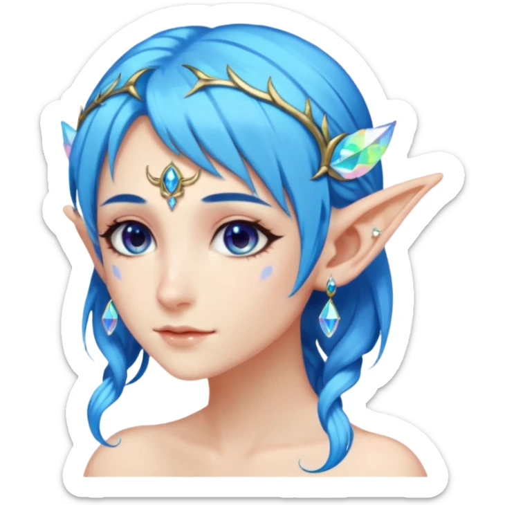 portrait of blue haired Elvish fae shiny sparkly iridescent translucent diaphanous ear climber ear cuff sticker