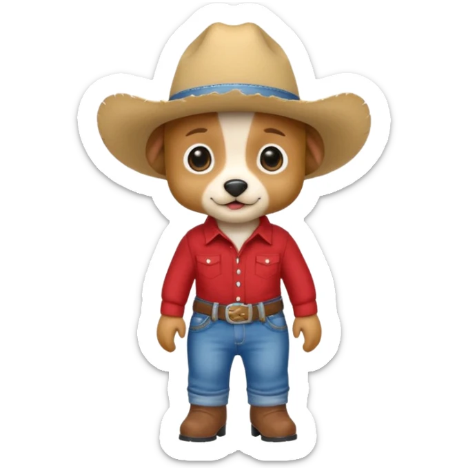Steampunk a very cute and adorable anthropomorphic puppy with a cowboy hat ,red shirt and blue jeans and white boots is walking  sticker