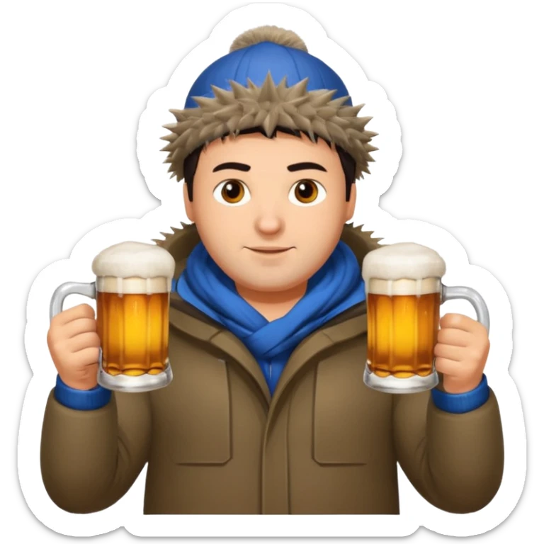 big slavic guy sitting in yoga pose, spiky short dark hair, holding beer mugs in two hands, winter dressed sticker