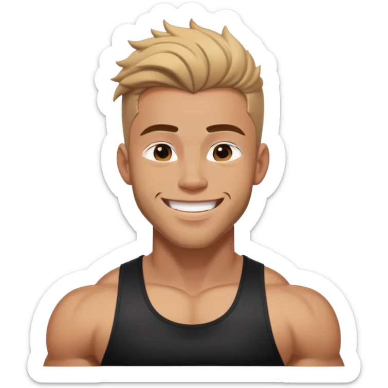 Its joshua seventeen with big muscles and black tank top, the hair is down and kinda wet, and the facial is smiling  sticker