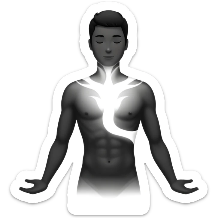 minimalist b&w male silhouette with flowing black-and-white curves across the lower body, now overlaid with a small, softly glowing spark or radiant light near the chest or head — symbolizing inspiration, inner fire, and creative energy awakening” sticker