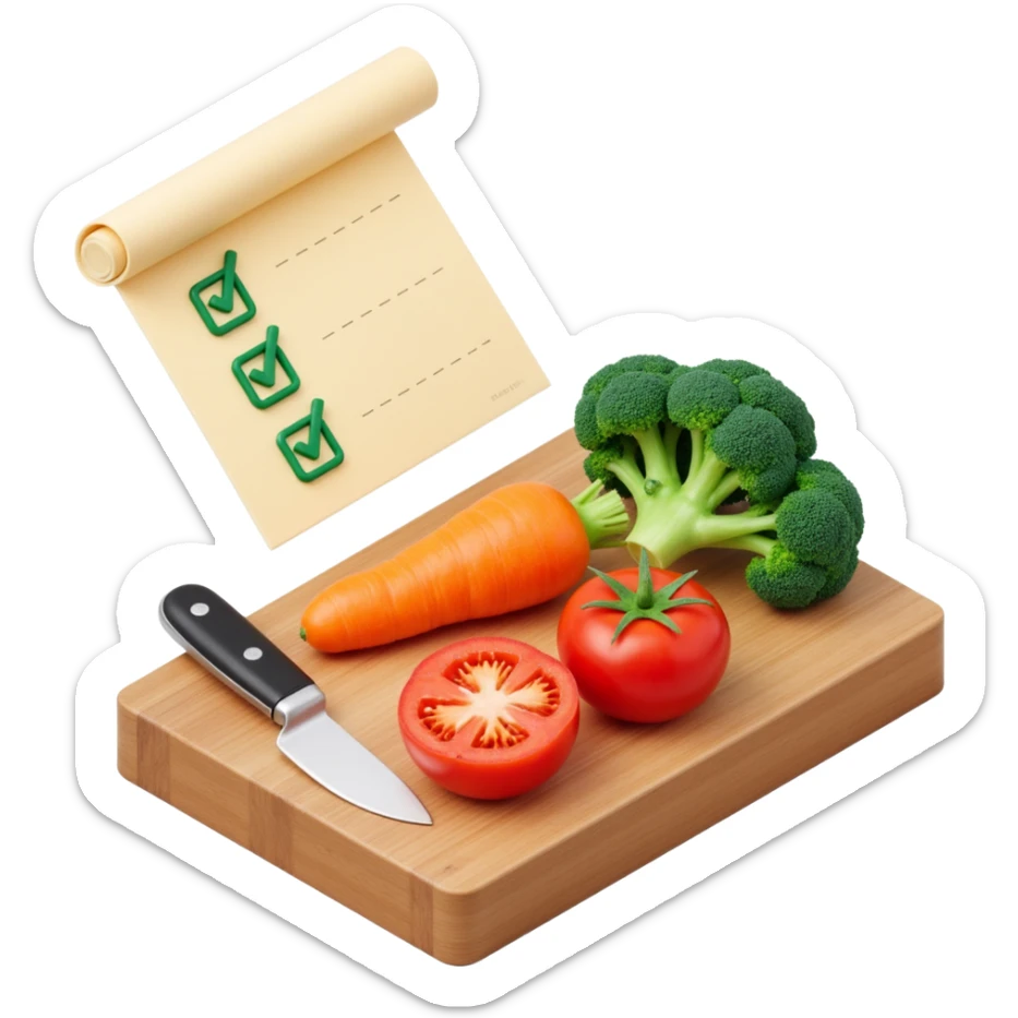 carrot tomato brocoli on the wooden cutting board with floating rolled paper list with green checkboxes sticker