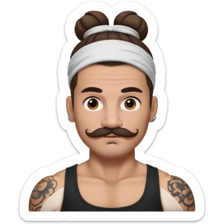 single big bun brunette hair man and mustache and face tattoos very heavy and headband sticker